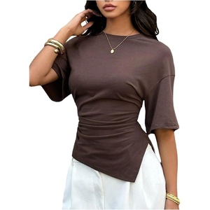 image:imageFloerns Womens Y2k Asymmetrical Tops Ruched Summer Going Out Short Sleeve T ShirtsMocha Brown
