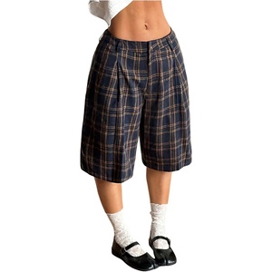 image:imageFloerns Womens Y2k Gingham Bermuda Shorts Low Rise Wide Leg Plaid Streetwear Baggy ShortsDark Blue