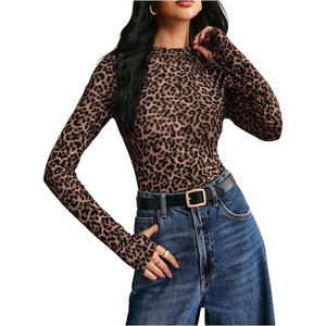 image:imageFloerns Womens Y2k Leopard Fitted T Shirts Casual Mock Neck Long Sleeve Fall Going Out TopsBrown