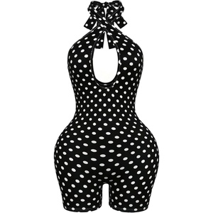 image:imageFloerns Womens Y2k Polka Dots Halter Romper Backless Cut Out Criss Cross Short Jumpsuit Rave OutfitsBlack Polka Dots