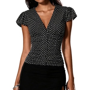 image:imageFloerns Womens Y2k Polka Dots Shirt Button Down V Neck Slim Fit Preppy TopBlack