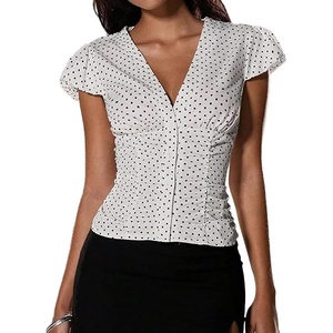 image:imageFloerns Womens Y2k Polka Dots Shirt Button Down V Neck Slim Fit Preppy TopBlack and White