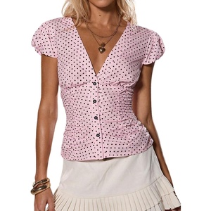 image:imageFloerns Womens Y2k Polka Dots Shirt Button Down V Neck Slim Fit Preppy TopPink