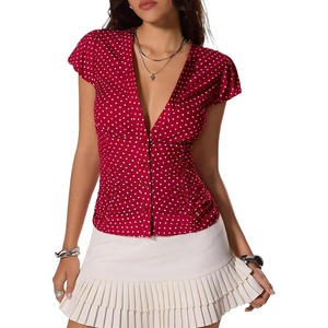 image:imageFloerns Womens Y2k Polka Dots Shirt Button Down V Neck Slim Fit Preppy TopRed and White