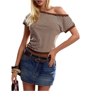 image:imageFloerns Womens Y2k Striped Off The Shoulder Blouse Tops Sheer Dolman Sleeve Vintage Going Out TopsKhaki