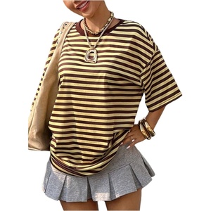 image:imageFloerns Womens Y2k Striped Short Sleeve Crewneck Oversized T ShirtsYellow
