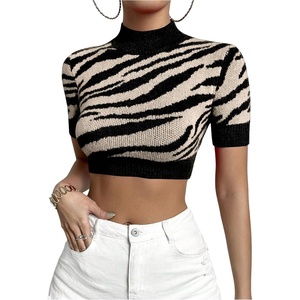 image:imageFloerns Womens Zebra Striped Cropped Sweater Short Sleeve Knitted TopBlack Brown Zebra
