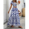 image:imageFloerns Womens 2 Piece Outfit Vacation Smocked Crop Tops and Summer Tiered Ruffle Long Skirt SetBlue and White