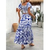 image:imageFloerns Womens 2 Piece Outfit Vacation Smocked Crop Tops and Summer Tiered Ruffle Long Skirt SetBlue and White