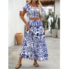 image:imageFloerns Womens 2 Piece Outfit Vacation Smocked Crop Tops and Summer Tiered Ruffle Long Skirt SetBlue and White