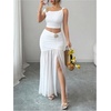 image:imageFloerns Womens 2 Piece Vacation Outfits Asymmetrical Crop Tank Top with Patchwork Maxi Skirt SetsWhite