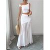 image:imageFloerns Womens 2 Piece Vacation Outfits Asymmetrical Crop Tank Top with Patchwork Maxi Skirt SetsWhite