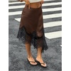 image:imageFloerns Womens Elegant Satin Midi Skirt Casual Low Rise Lace Slit Asymmetrical Hem Going Out SkirtBrown