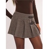 image:imageFloerns Womens Elegant Tweed Plaid Pleated Skirt Metal Buckle Low Waisted A Line Mini SkirtsCoffee Brown