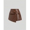 image:imageFloerns Womens Faux Leather Mini Skirt Low Rise Asymmetrical Wrap Club Rave Party SkirtsCoffee Brown
