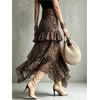 image:imageFloerns Womens Leopard Long Skirt Layered Ruffle Asymmetrical SkirtsBrown Multi
