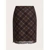 image:imageFloerns Womens Plaid Print Low Rise Mesh Skirt Elegant Ruffle Trim Bodycon Short SkirtsBrown
