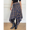 image:imageFloerns Womens Y2k Plaid Midi Skirt Asymmetrical Hem Low Rise Flowy SkirtBlue and Brown