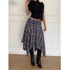 image:imageFloerns Womens Y2k Plaid Midi Skirt Asymmetrical Hem Low Rise Flowy SkirtBlue and Brown