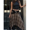image:imageFloerns Womens Y2k Plaid Midi Skirt Asymmetrical Hem Low Rise Flowy SkirtDeep Brown