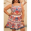 image:imageWomens Plus Size 2 Piece Summer Vacation Boho Outfit Tropical Camisole Top with Mini Skirt SetBeige Multi