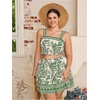 image:imageWomens Plus Size 2 Piece Summer Vacation Boho Outfit Tropical Camisole Top with Mini Skirt SetGreen
