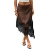 image:imageFloerns Womens Elegant Satin Midi Skirt Casual Low Rise Lace Slit Asymmetrical Hem Going Out SkirtBrown