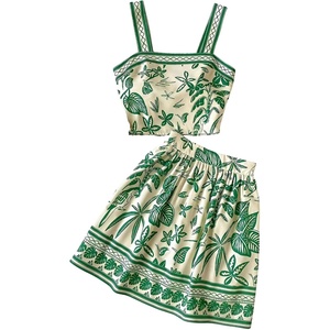 image:imageFloerns Girls 2 Piece Vacation Outfits Boho Tropical Smocked Crop Tank Tops with A Line Skirt SetGreen Tropical