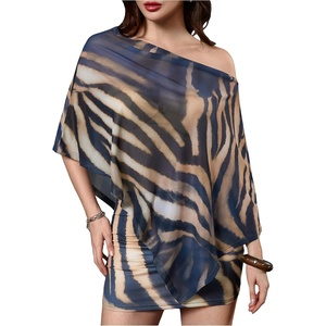 image:imageFloerns Womens 2 Piece Beach Cover Up Sheer Asymmetrical Top with Mini Skirt Bathing SuitBlack and Brown