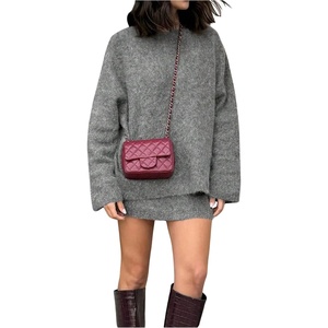image:imageFloerns Womens 2 Piece Outfit Old Money Fall Long Sleeve Sweater and Mini Skirt SetGrey