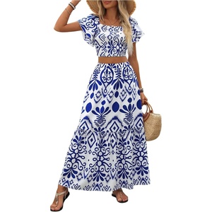 image:imageFloerns Womens 2 Piece Outfit Vacation Smocked Crop Tops and Summer Tiered Ruffle Long Skirt SetBlue and White