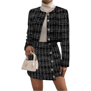 image:imageFloerns Womens Blazers Suit Jackets Cropped Jacket Plaid Tweed Skirt SuitBlack Ink