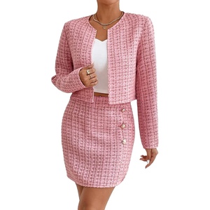 image:imageFloerns Womens Blazers Suit Jackets Cropped Jacket Plaid Tweed Skirt SuitLight Pink