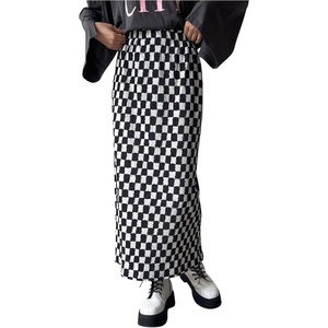 image:imageFloerns Womens Elastic Waist Plaid Skirt Checker Slit Hem Straight Long SkirtBlack and White