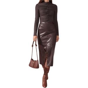 image:imageFloerns Womens Elegant Leather High Waist Midi Skirt Slit Hem Office A Line SkirtBrown