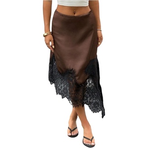 image:imageFloerns Womens Elegant Satin Midi Skirt Casual Low Rise Lace Slit Asymmetrical Hem Going Out SkirtBrown