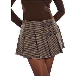 image:imageFloerns Womens Elegant Tweed Plaid Pleated Skirt Metal Buckle Low Waisted A Line Mini SkirtsCoffee Brown