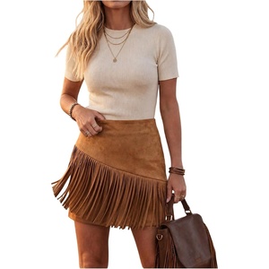 image:imageFloerns Womens Fringe Suede Skirt Elastic Waist Western A Line SkirtsBrown