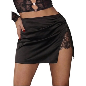 image:imageFloerns Womens Lace Satin Ruched Mini Skirts Low Rise Slit Bodycon Club Night Out Short SkirtBlack