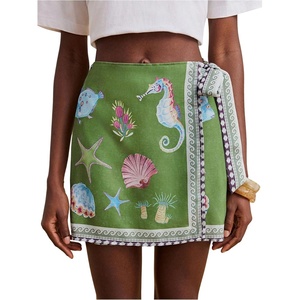 image:imageFloerns Womens Ocean Print Boho Skirt High Waisted Wrap Tie Side Vacation Mini SkirtsGreen