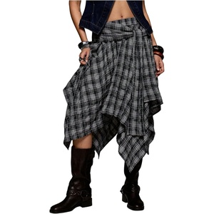 image:imageFloerns Womens Plaid Asymmetrical Midi Skirt Low Waist Handkerchief SkirtsBlue