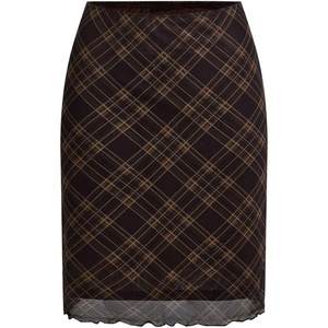image:imageFloerns Womens Plaid Print Low Rise Mesh Skirt Elegant Ruffle Trim Bodycon Short SkirtsBrown