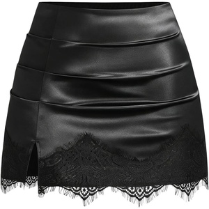 image:imageFloerns Womens Plus Size Satin Lace Trim Patchwork Sexy Mini SkirtBlack Satin Solid