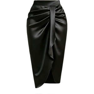 image:imageFloerns Womens Plus Size Satin Midi Skirt High Wasited Wrap Ruched Slit Business Casual Pencil SkirtsBlack
