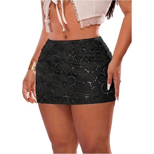 image:imageFloerns Womens Plus Size Sequin Mini Skirt 3D Floral Mesh Micro SkirtsBlack