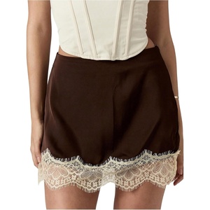 image:imageFloerns Womens Retro Vintage Floral Lace Satin Skirt High Waisted A Line Elegant Mini SkirtsBrown