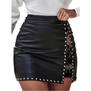 image:imageFloerns Womens Rivet Leather Mini Skirt Ruched Floral Lace Date Night Bodycon SkirtsBlack