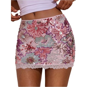 image:imageFloerns Womens Sequin Beaded Mini Skirt Lace Trim Glitter Bodycon SkirtsPink