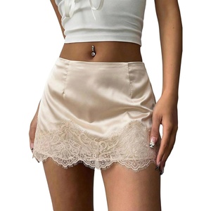 image:imageFloerns Womens Sexy Lace Satin Low Rise Patchwork Night Out Mini SkirtApricot