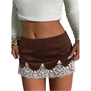 image:imageFloerns Womens Sexy Lace Satin Low Rise Patchwork Night Out Mini SkirtCoffee Brown White Lace